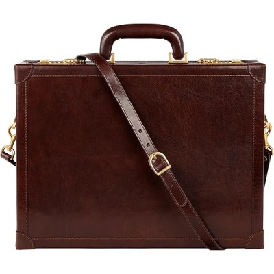 Time Resistance Leather Attache Case - Full Grain Leather Briefcase - Laptop Bag up to 15” - Hard Case with Lock