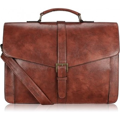 Men's Leather Briefcase for Travel/Office/Business 15.6 Inch Laptop Messenger Bag, Brown